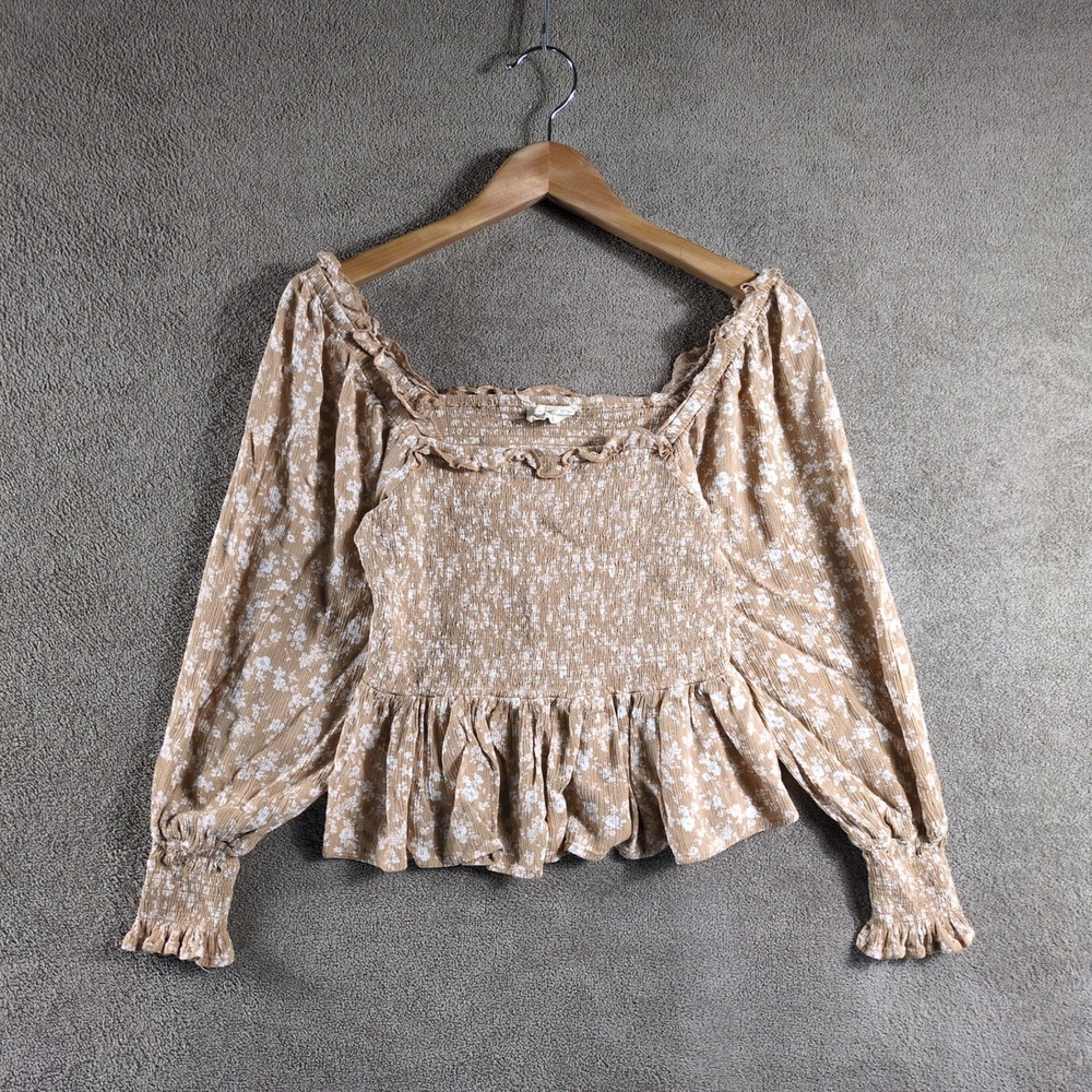 Bella Ella Boutique Smocked Square Neck Peplum Top‎ Floral Print Tan White L